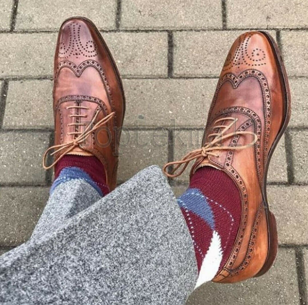 Handmade Men's Leather Cognac Wing Tip Shoes Oxfords Lace Up Formal Shoes-466