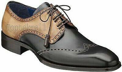 Handmade Men's Leather New Tone wing tip Oxfords Beige Black Cowhide shoes-500