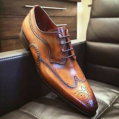 Handmade Men's Leather Oxfords Two Tone Brogue Lace Up Shaded Wingtip Shoes-351