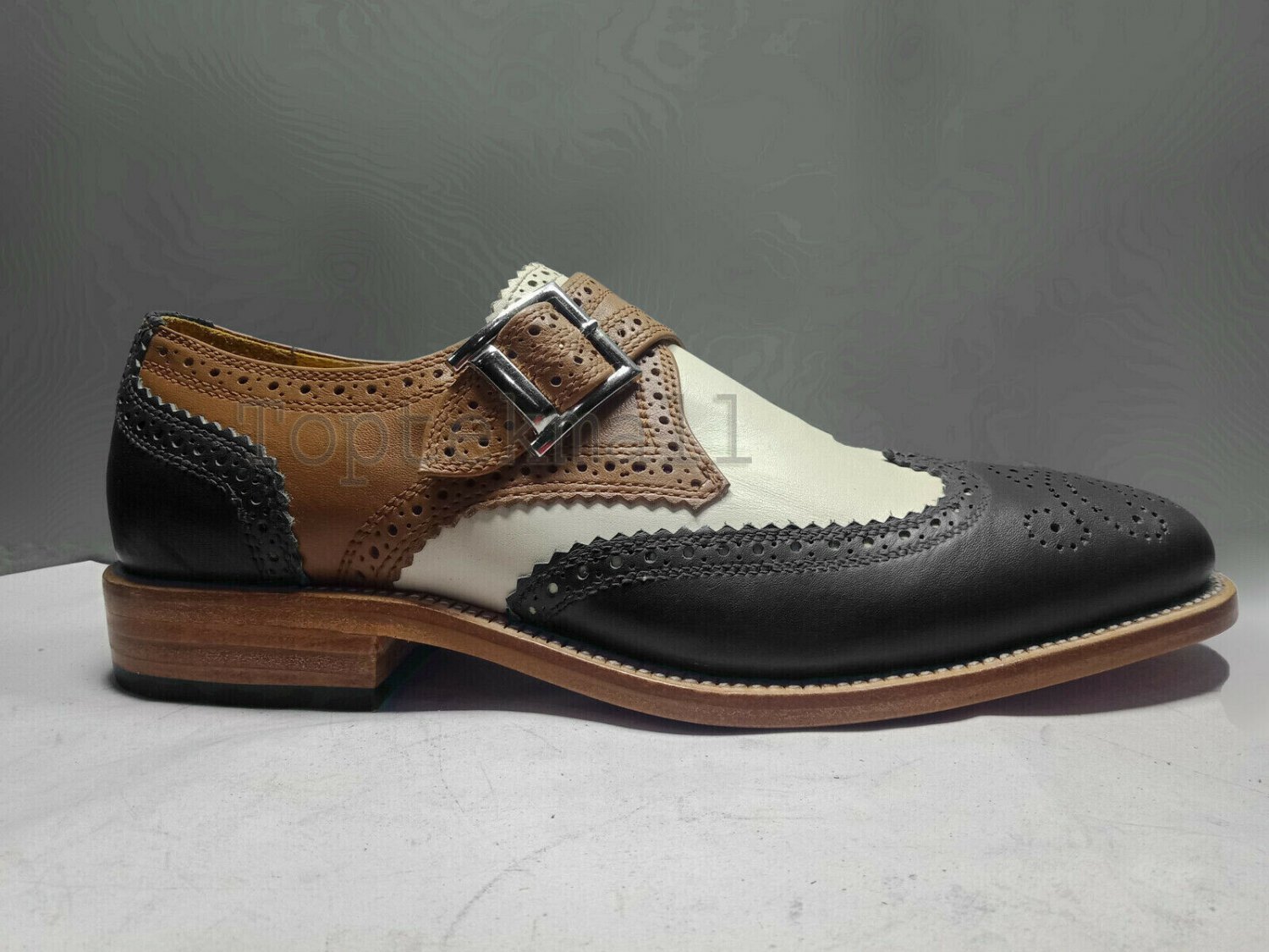 Handmade Men's Leather Premium Multi Color Single Buckle Strap Monk Shoes-210