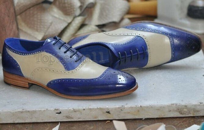Handmade Men's Leather Oxfords Blue White Brogues Super Dress Wingtip Shoes-353