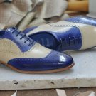 Handmade Men's Leather Oxfords Blue White Brogues Super Dress Wingtip Shoes-353
