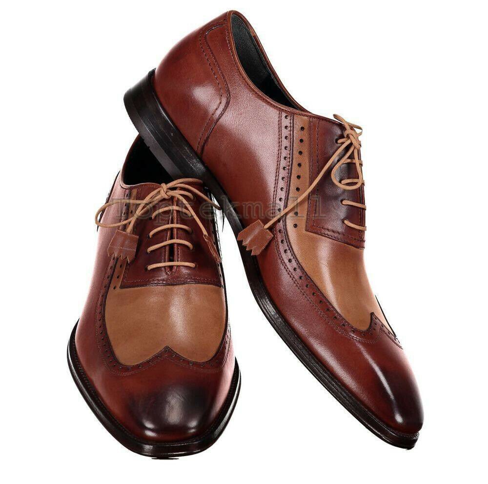 Handmade Men&acirc;��s Leather Oxfords Wingtip Two Tone Brown Beige Black Sole Shoes-4