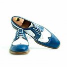 Handmade Men's Leather Oxfords Wingtip Blue and White Two Tone Formal Shoes-917