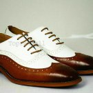 Handmade Men's Leather Oxfords Wing tip Dark Tan White spectator Formal Shoes-71