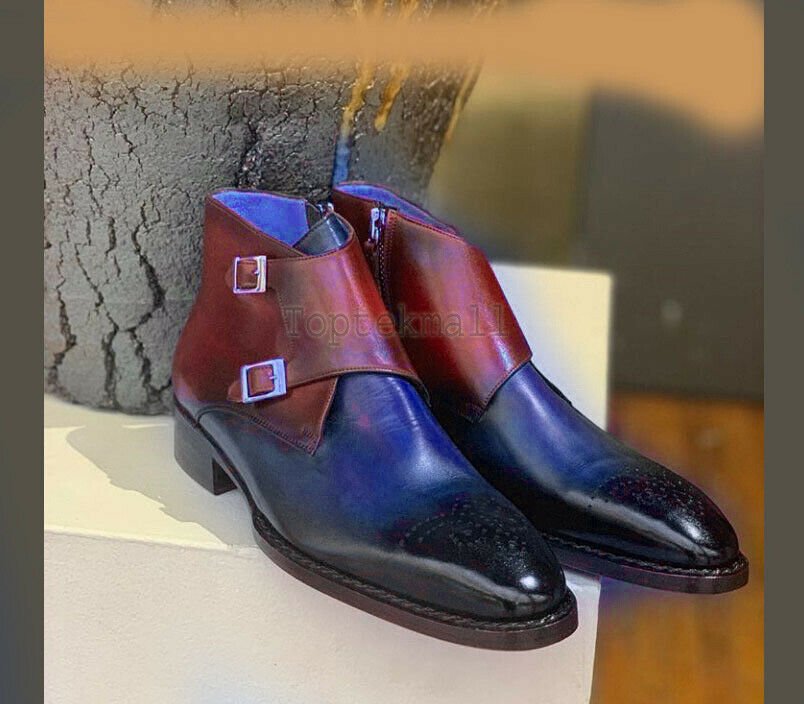 Handmade Men's Leather Two Tone Red Blue Vintage Dress Stylish Brogue Boots-629