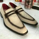 Handmade Men's Leather patina two tone formal dress loafers slip Ons Shoes-154