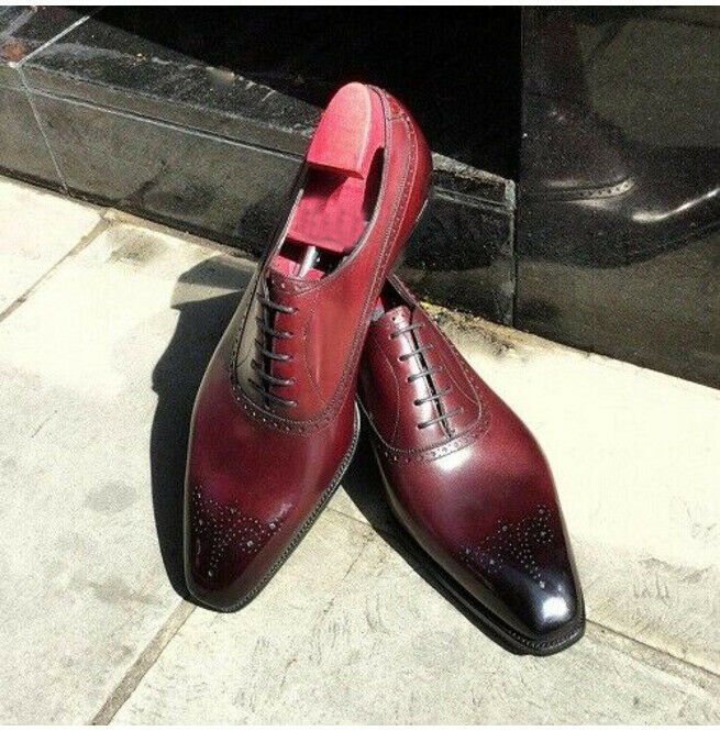 Handmade Men's Leather Oxfords Wingtip Maroon Black Dress New Lace Up Shoes-658