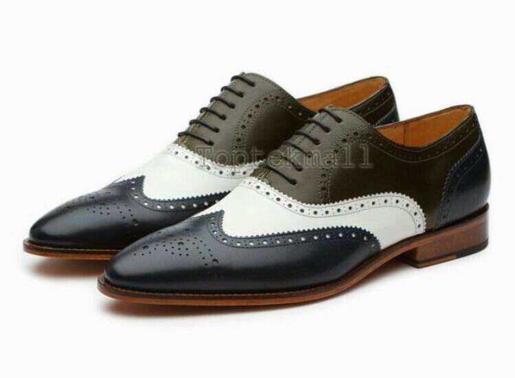 Handmade Men's Leather Three Tone Top Quality Wingtip Oxfords Brogue Shoes-980