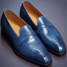 Handmade Men's Leather Fashion Blue Split Toe  Classic Loafers Shoes-1007