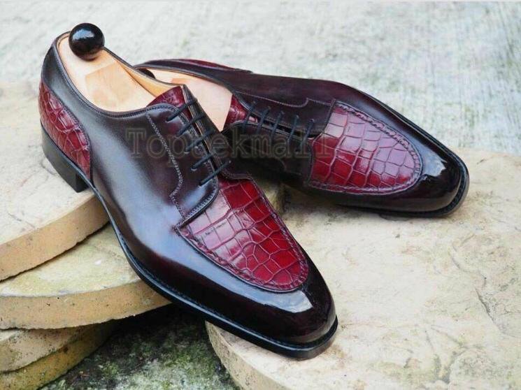 Handmade Men's Leather Maroon Stylish Fashion Classic Crocodile Shoes-1048