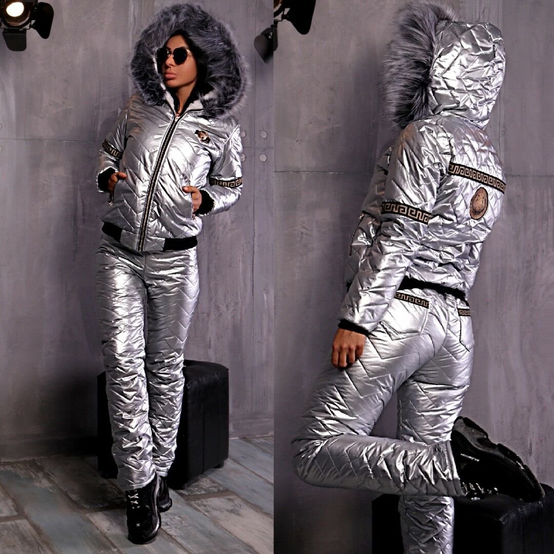 2 in 1 Winter Sport Suit Set Ski Jacket Pants Trousers Glanznylon Metallic Silve