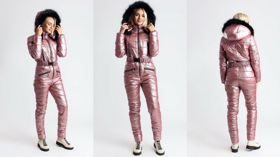 Winter Jumpsuit Sport Ski Suit Set Romper Warm Playsuit Fur Metallic Pink Blue