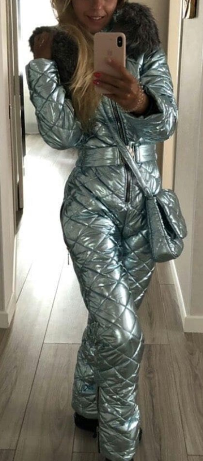 Man Woman Winter Ski Suit Overall Snow Silver Metallic Argentum Outwear Outfit