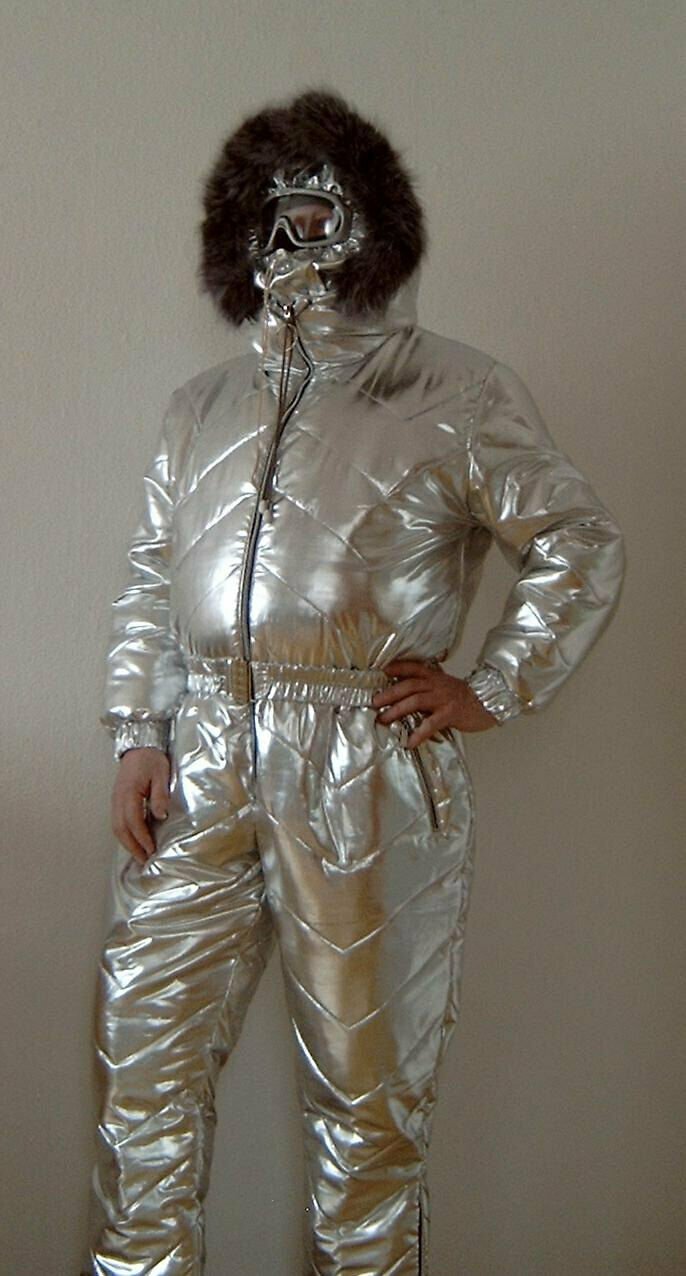 Man Woman Ski Suit Silver Metallic Overall Jumpsuit Balaklava Balaclava Outwear