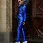 Mens Womens Customized Metallic Blue Winter Ski Suit Overall Jumpsuit Gloss Shin
