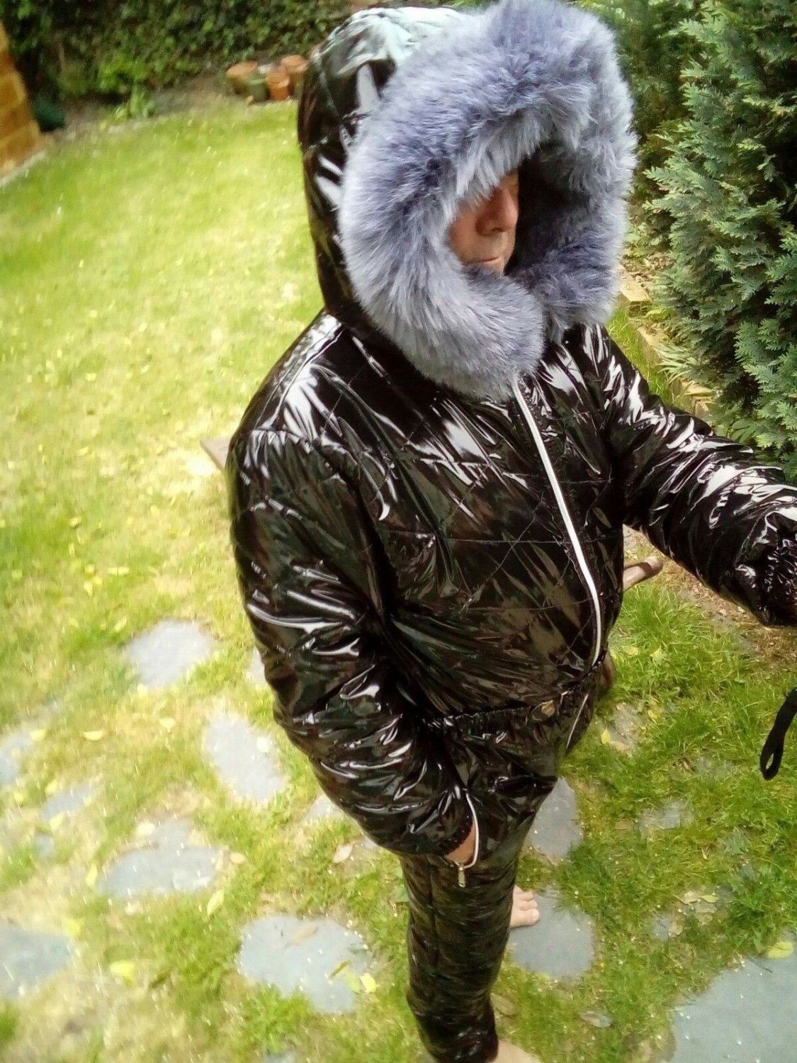 Male Ski Suit Shine Nylon Wet Leather Look Overall Snowsuit Winter Black Sport