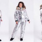 Man Woman Metallic Silver Nylon Winter Track Suit Snow Jacket Trousers Pants Fur