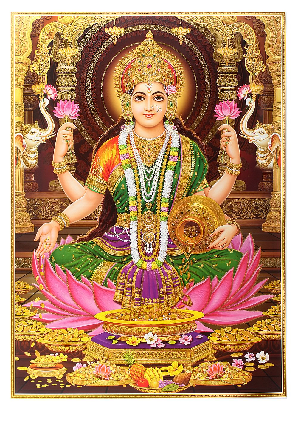 Golden Zari Art Work Photo Of Laxmi Poster Without Frame (25 X 36 Inches)