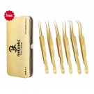 6PCS Complete Gold Titanium Coated Eyelash Extension Tweezers Set With Gold Metallic Magnetic Pouch