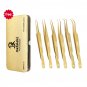 6PCS Complete Gold Titanium Coated Eyelash Extension Tweezers Set With Gold Metallic Magnetic Pouch