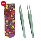 Metallic Light Green Powder Coated Tweezers, FREE Multi Color Flower Magnetic Double Tweezers Pouch
