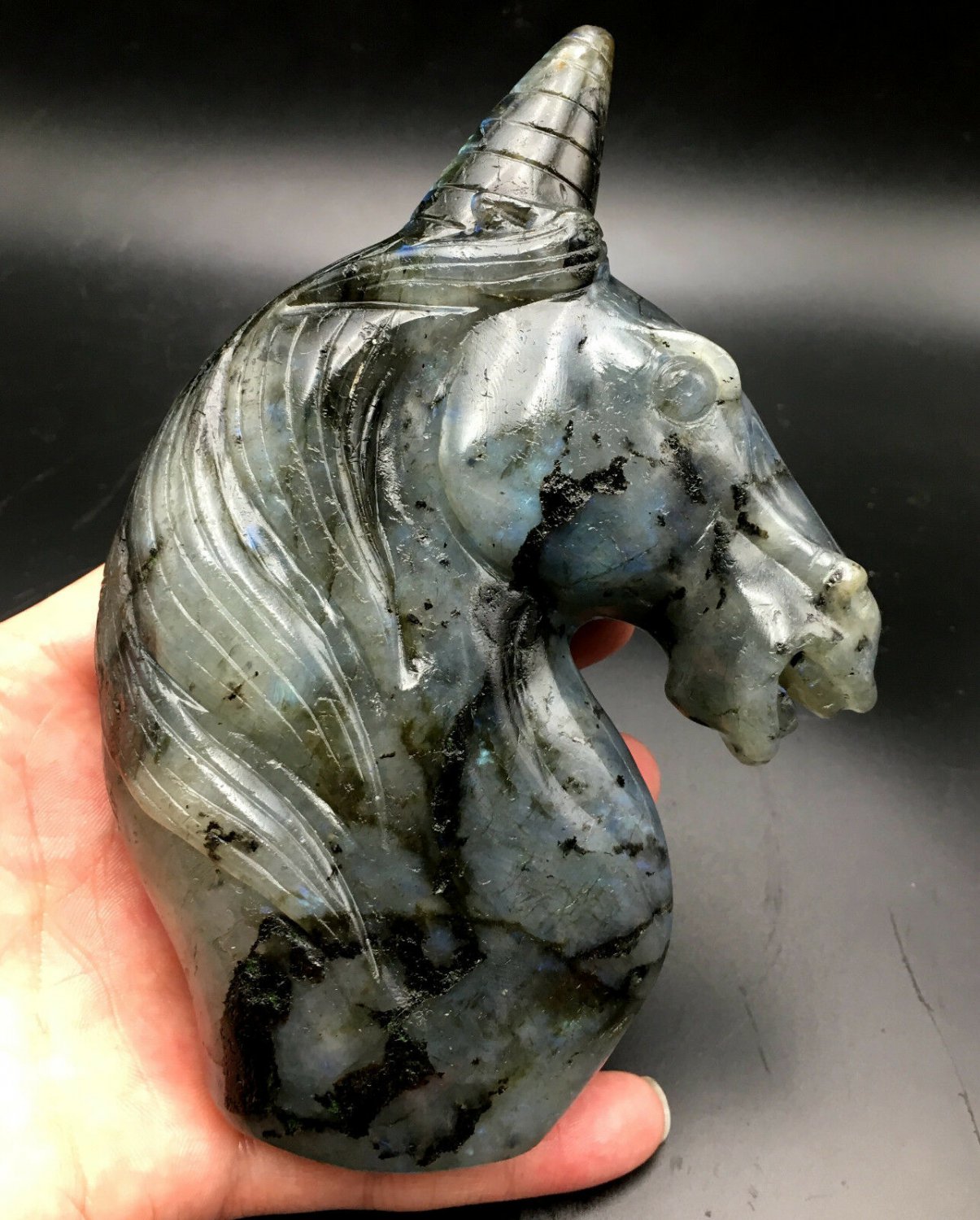 767.9g Natural Labradorite Hand sculpture horse Crystal Rough Polished