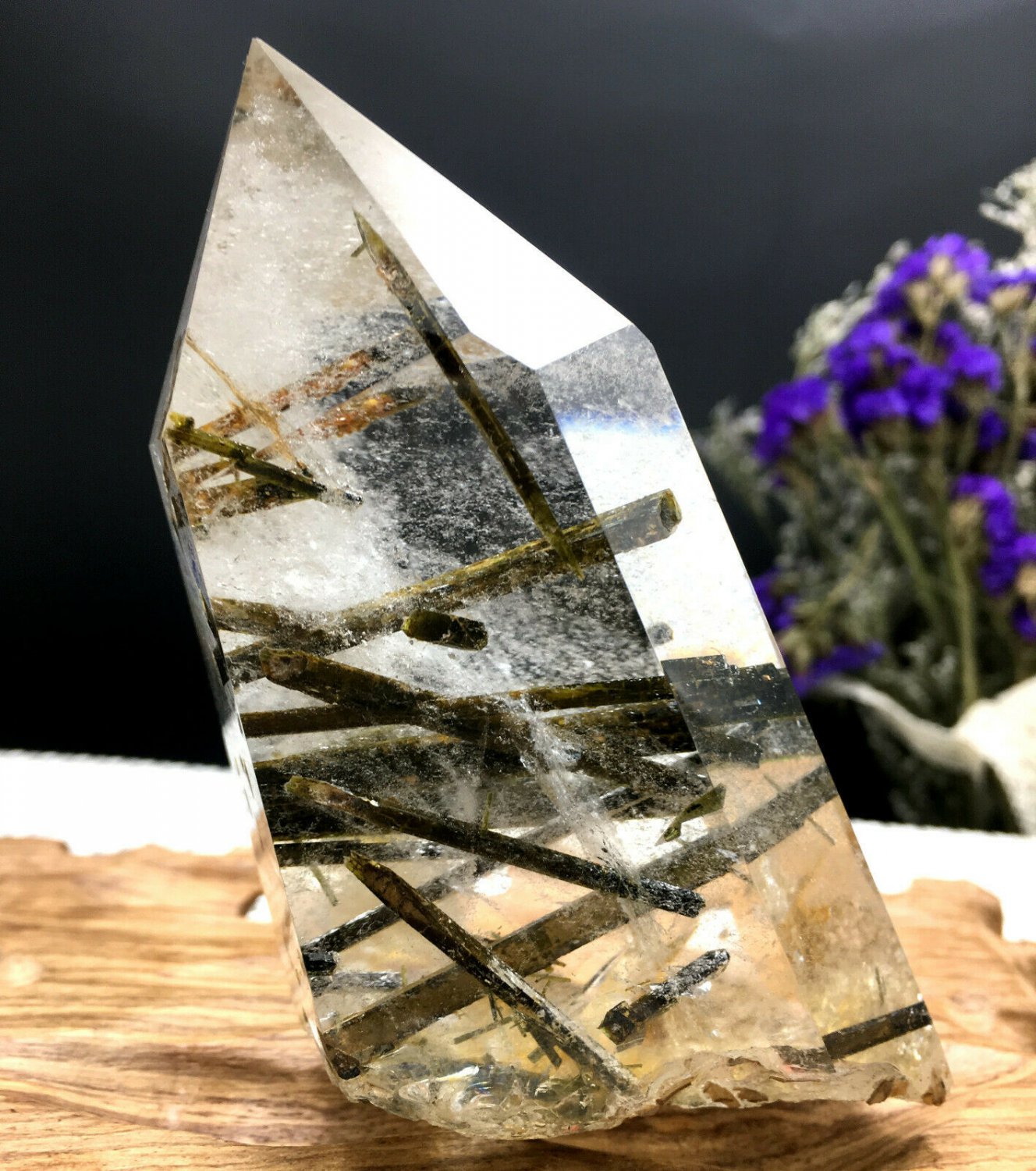 Naturally beautiful Rare Large Green Tourmaline Rutilated Quartz point 378g