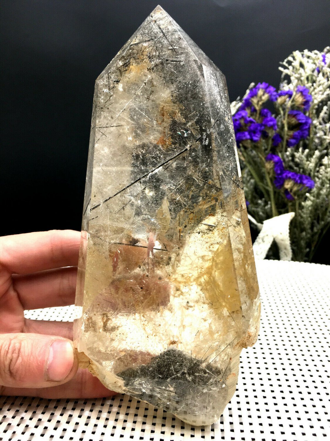 Naturally beautiful Rare Large black Tourmaline Rutilated Quartz point 439g