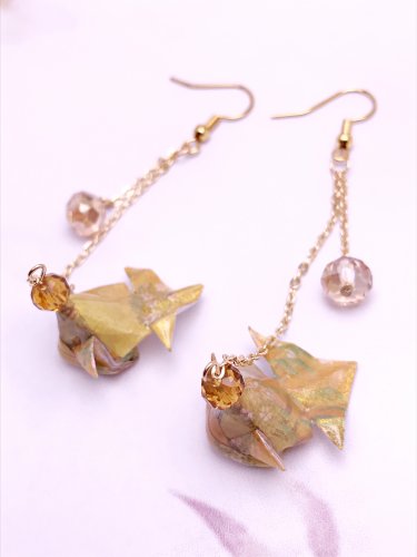 Gold Fish Origami Long Earring With Crystal Breads