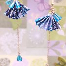Japanese Fan Origami Blue Color Long Earrings With Crystal Beads, Birthday Gift, Anniversary Gift