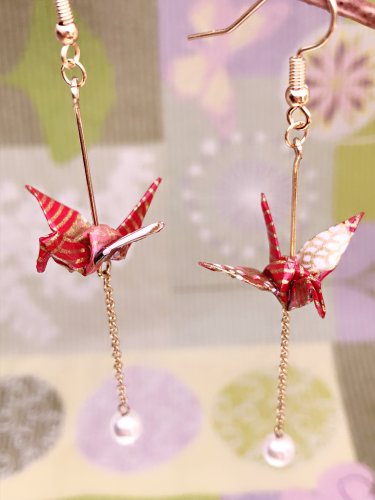 Japanese Crane Origami Red Color Long Earrings With Pearl, Birthday Gift, Anniversary Gift