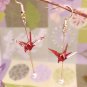 Japanese Crane Origami Red Color Long Earrings With Pearl, Birthday Gift, Anniversary Gift