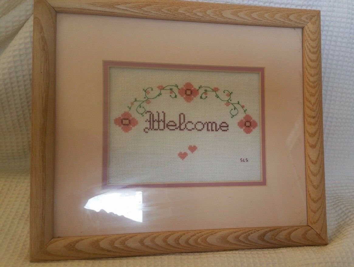 Vintage Welcome  Needlepoint Cross Stitch Framed Picture Art double mat peach