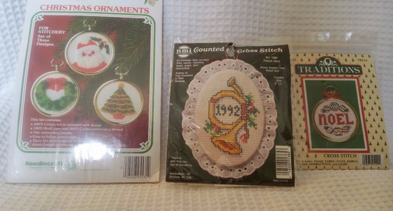 Christmas needlework ornament kits tree, wreath, Santa, horn , Noel