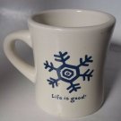 Life is Good heavy diner style coffee mug white with blue snowflake