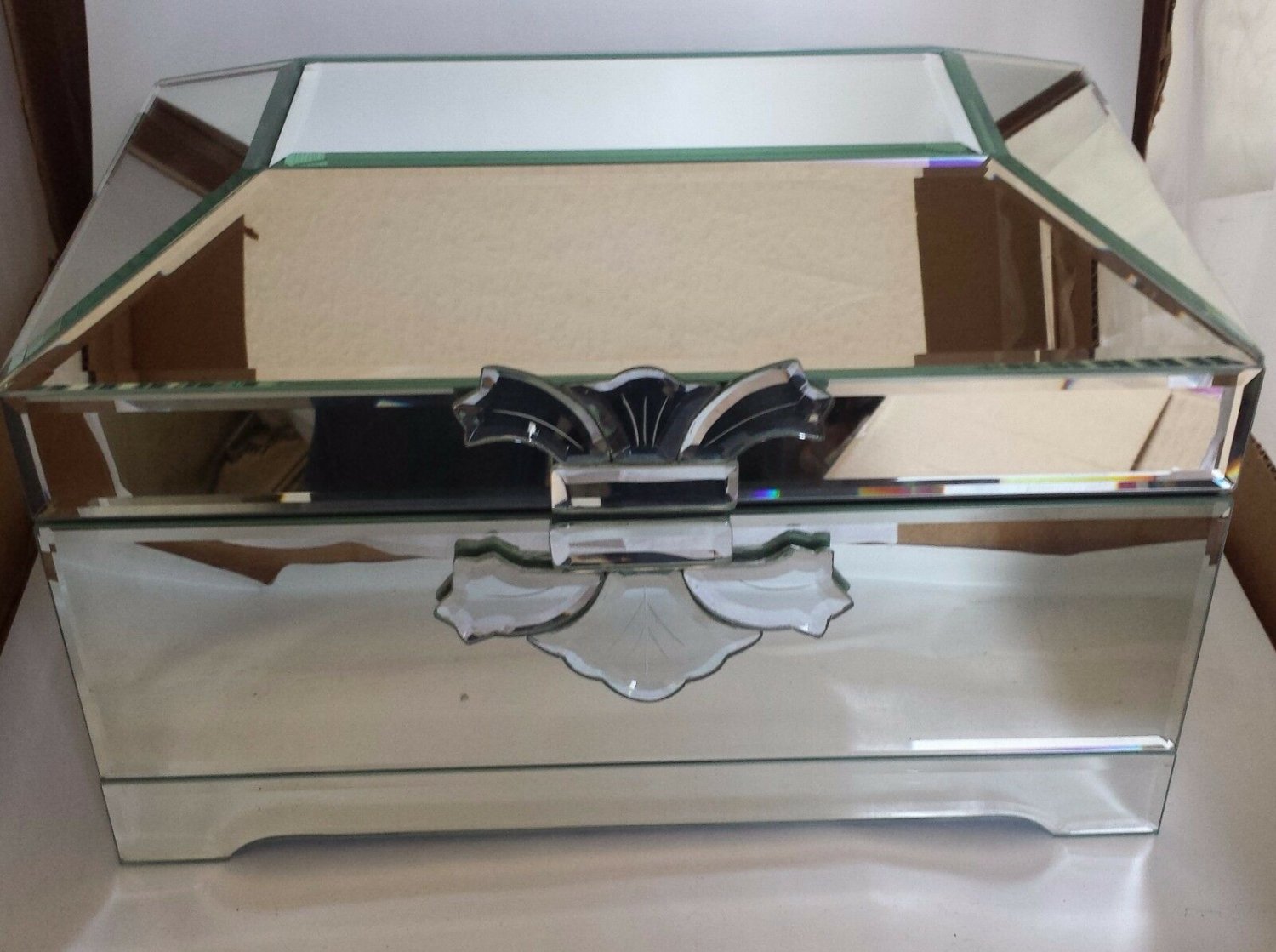 Beveled mirrored keepsake box large home decor blue velvet interior trinket