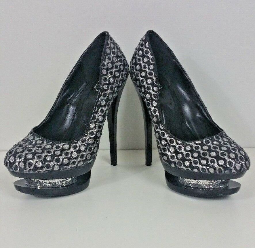 Black Double Platform Sparkly High Heel Pump 7.5 Sexy Glittery Tall Spike heel