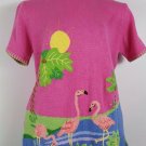 womens pink L SS sweater Quacker Factory Flamingos Palm trees water cotton blend