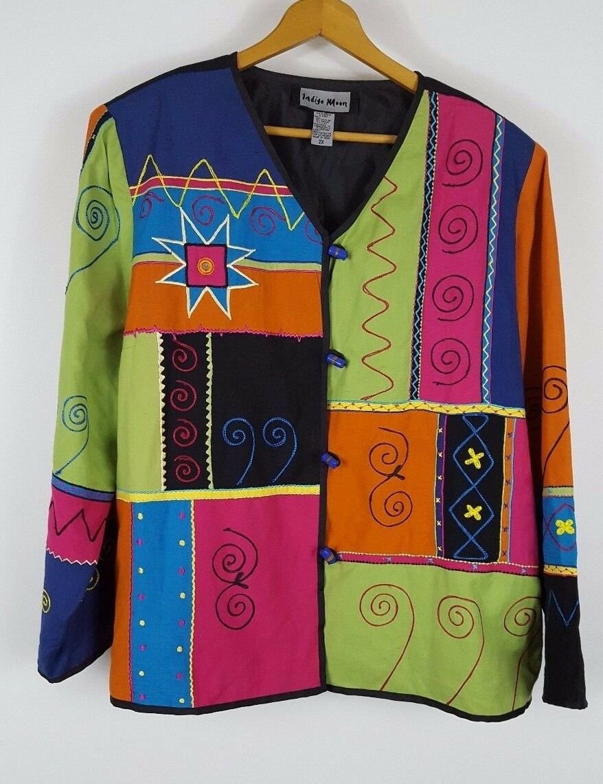 womens 2X Indigo Moon Patchwork jacket with embroidered details lined