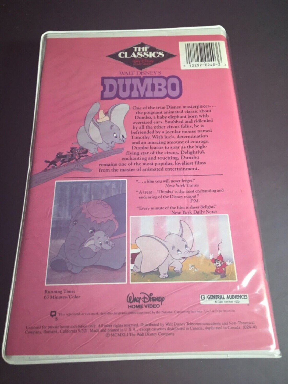 Walt Disney’s Dumbo (VHS, 1985) Black Diamond Pink Spine Tape 024 Rare