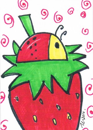 c60 Beatle on Strawberry ACEO Original pop art Hand Drawing