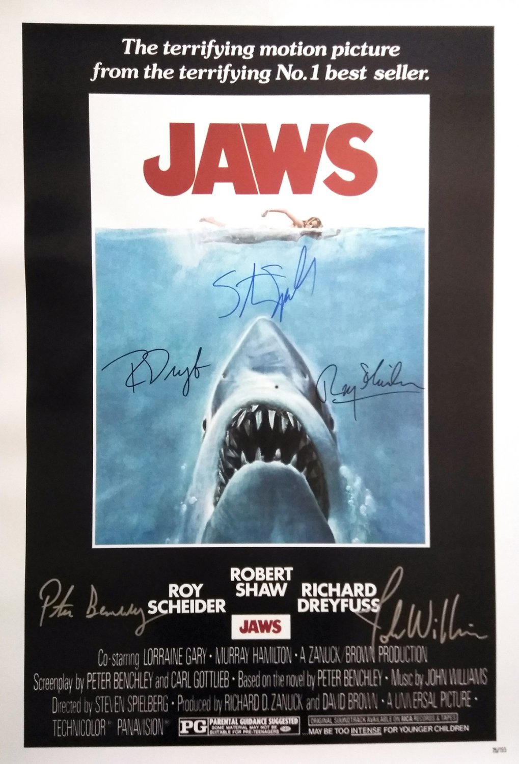 signed JAWS MOVIE Poster by 5 members of the Cast