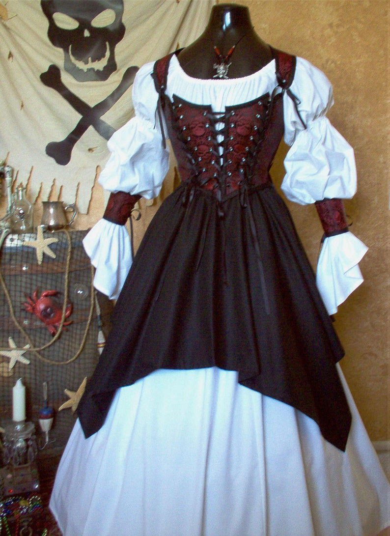 Complete Red Black Skulls Pirate Renaissance Steampunk Costume. Different Fabrics Avail. Shirt Incl.