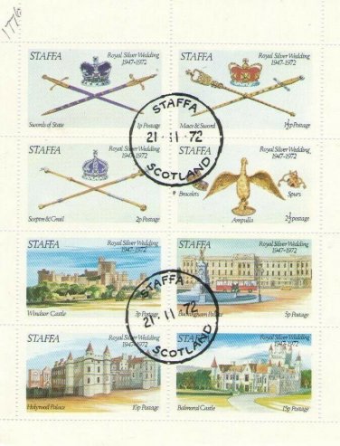 Staffa Scotland 1972 pre-cancelled mini-sheet of 8 (Royal Silver Wedding)