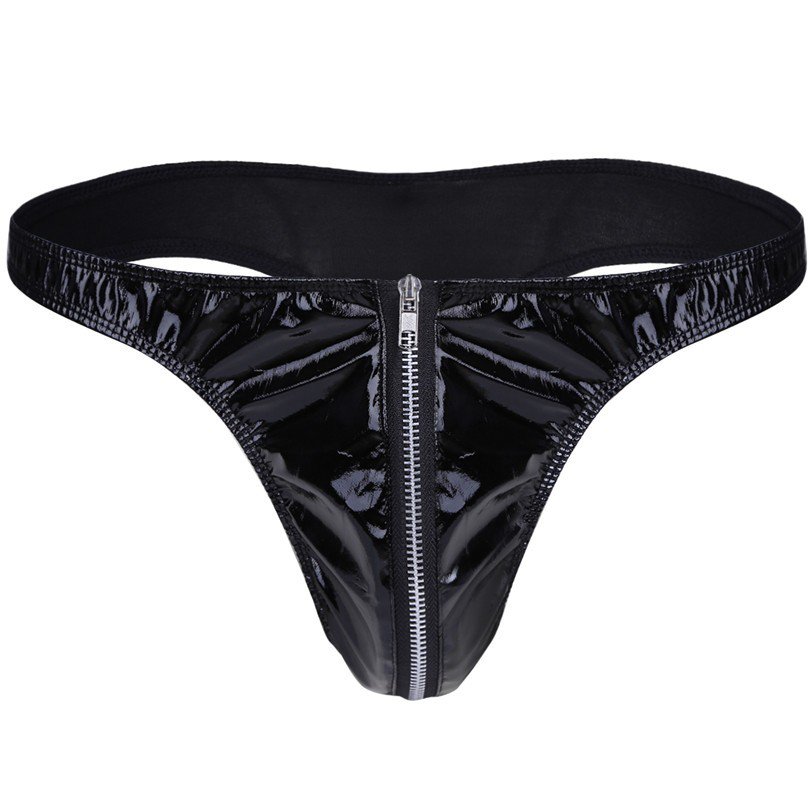 Sexy Men Lingerie Black Faux Leather Color Thongs Male Underwear 3 Sizes Ml Zipblackf