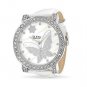 Fashion Round White Dial Cubic Zirconia Watch Faux Leather Buckle Strap 8.5-inch