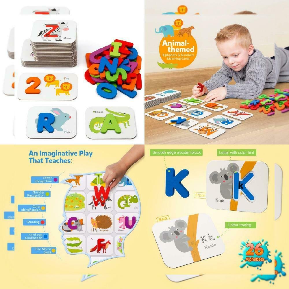 Coogam Numbers And Alphabets Flash Cards Set - ABC Wooden Letters And...