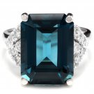 15.20 Carats Natural LONDON BLUE TOPAZ and Diamond 14K White Gold Ring