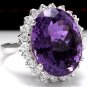 15.00 Carats Natural Amethyst and Diamond 14K Solid White Gold Ring